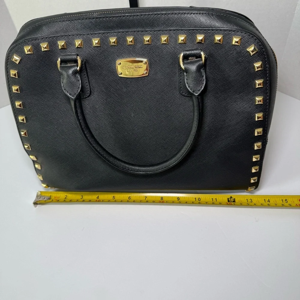 Michael Kors Sandrine Studded Satchel in Black Saffiano Leather w/ Gold Hardware